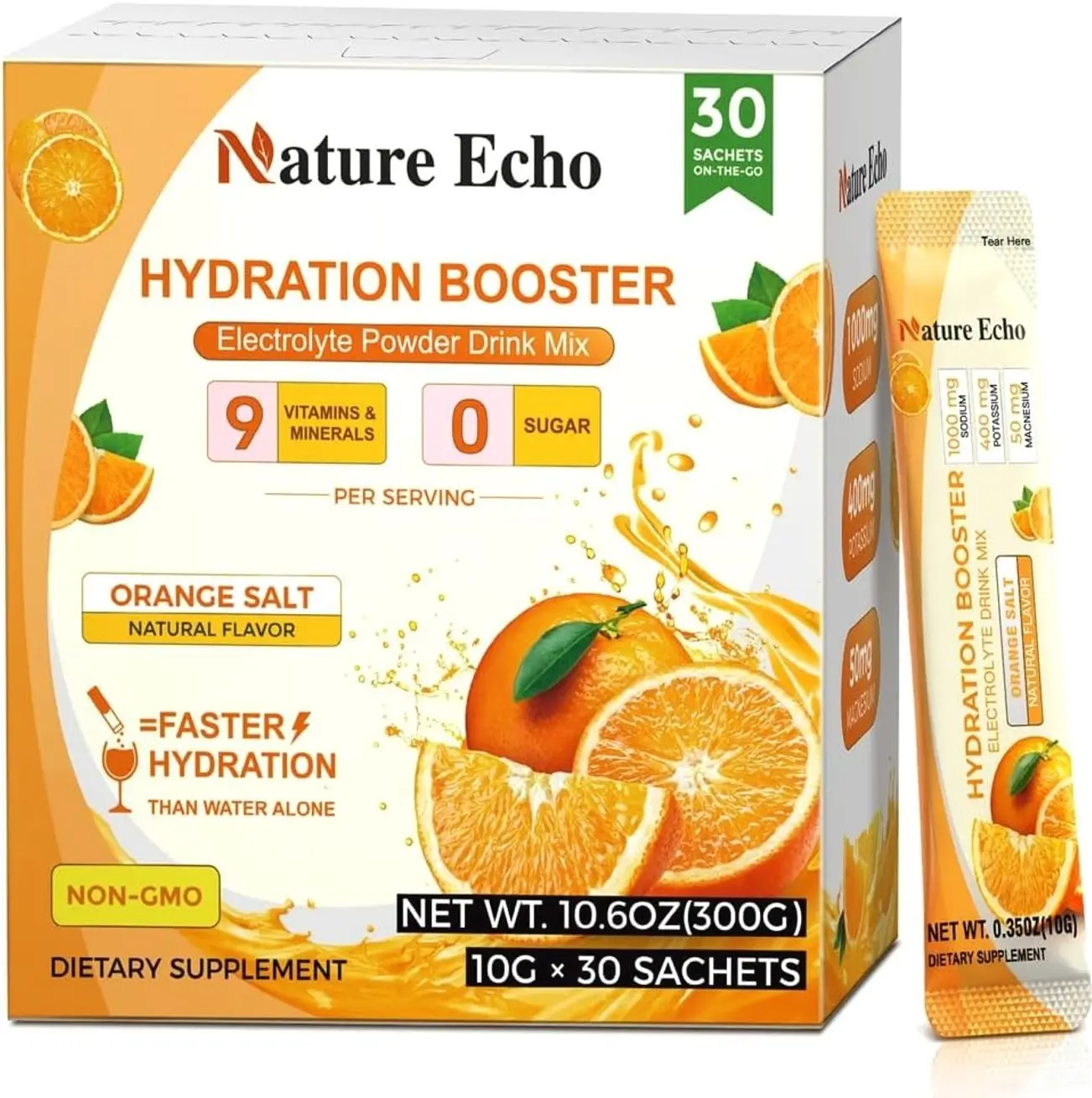 Electrolyte Supplement-1000mg Sodium with Potassium, Magnesium & B Vitamins, Zero Sugar Hydration Drink Mix for Dehydration Relief, Keto Friendly, Vegan, Gluten Free, Non-GMO, Orange Flavor(30-Count)