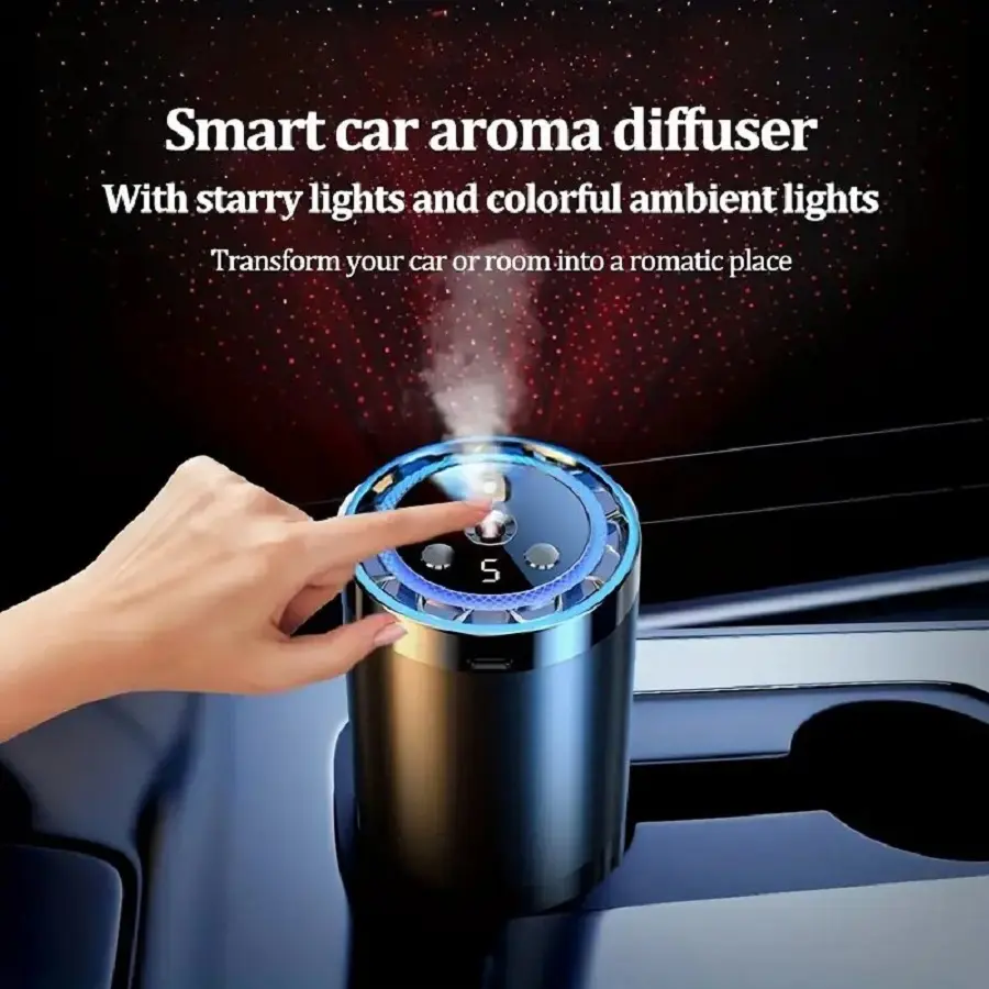 This smart car fragrance diffuser combines an air freshener, aromatherapy diffuser, humidifier, starry sky projector, and ambient lighting into one device. It can keep the air inside the car fresh for a long time This smart car fragrance diffuser combines an air freshener, aromatherapy diffuser, humidifier, starry sky projector, and ambient lighting into one device. It can keep the air inside the car fresh for a long time