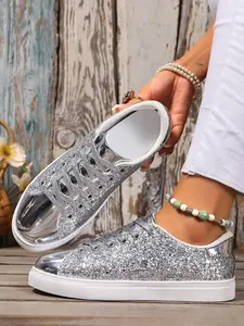 Women's Silver Color Sequins Sneakers, Fashionable Flat Casual Shoes, Comfortable Round Toe Design, Perfect for Daily Wear & Sports