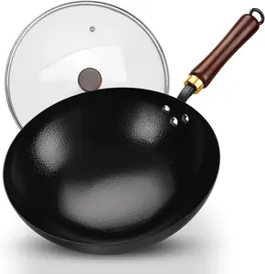 Nonstick Hand Hammered Carbon Steel Round Bottom Chinese Wok Pan with Glass Lid, No Chemical Coated Nonstick Stir-Fry Cookware Fits All Stovetop Types