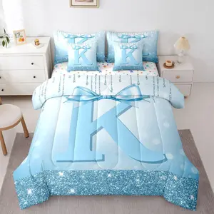 Kids Blue Bowknot 7 Pieces Bedding Set for Teens Girls Princess Initial K Comforter Set with Sheets Monogrammed Glitter Bow Bed in A Bag Personalized Alphabet Bed Set,Gifts