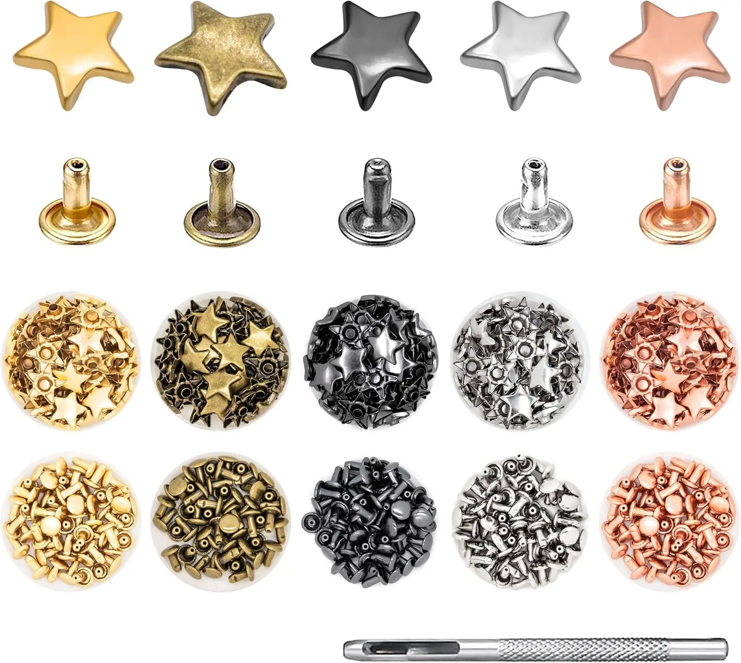 250 Sets Metal Star Rivets Five-Pointed Nails Garment Leather Tacks Studs and Spikes for Clothing Bags Belts Dog Collar Shoes DIY Craft Accessories