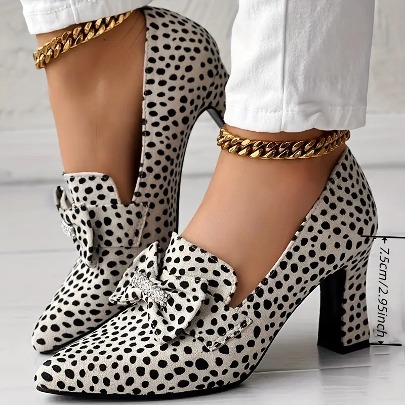 Women's Cheetah Print Pumps, Rhinestone Bowknot Decor Slip On Shallow Mouth Shoes, Point Toe Versatile Chunky Heels