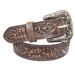Unisex Western Full Grain Genuine Leather Belt Tooled Embossed Belt With And Without Buckle 1.5" Wide Western Belt Leather Strap- 28" to 52"