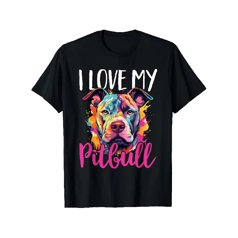 Men's & Women's I Love My Pitbull T-Shirt - 100% Cotton Retro Pitbull Dog Lover Tee, S-XXXL Sizes, Black Casual Shirt with Watercolor Pitbull Print, Machine Washable Fit for Casual Attire for all-Season Apparel