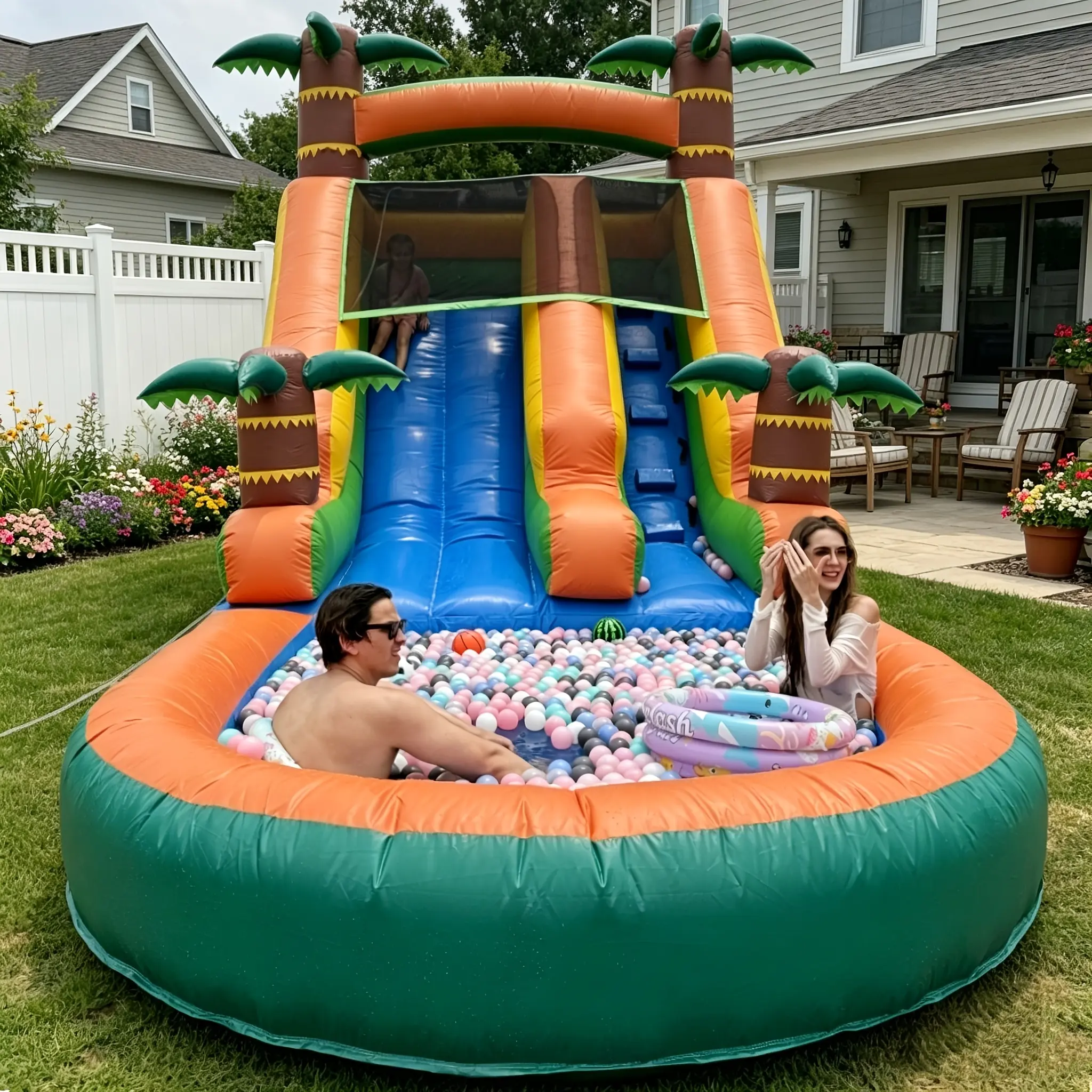 Large Inflatable Pool, Inflatable Water Slide for Adults with Big Splash Pool, Water Slides for Outdoor Water Slide And Swimming Pool Summer Splash Party, with Blower (Rain Forest)
