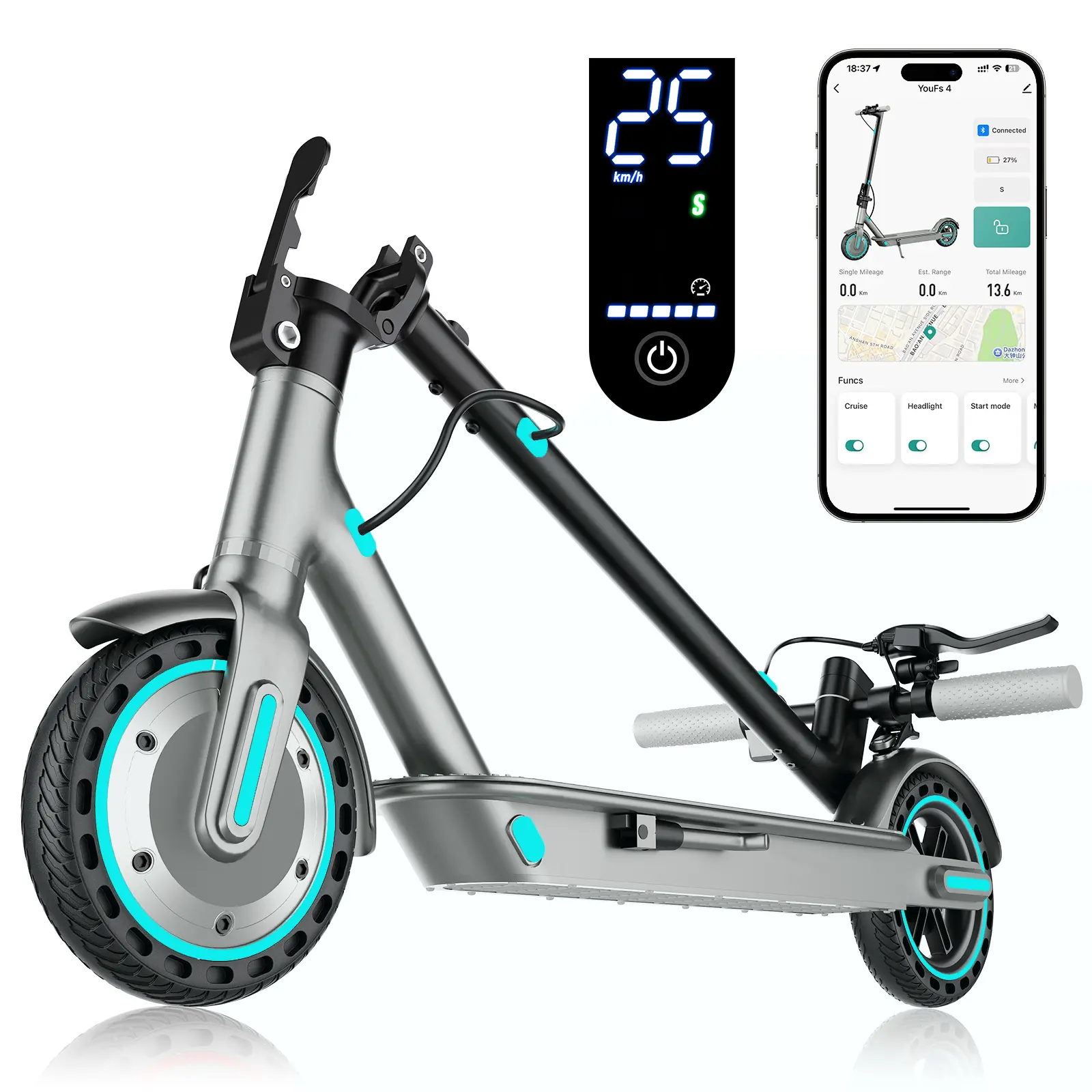 Adult 350W Foldable Electric Scooter, 8.5-Inch Explosion-Proof Tires, 28MPH Max Speed, 7.8Ah Battery, 3-Speed Urban Commuter with App Smart Control & Lights
