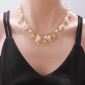 Women’s Bohemian Beach Collarbone Necklace Bracelet - Imitation Pearl Starfish Conch Seashell Jewelry