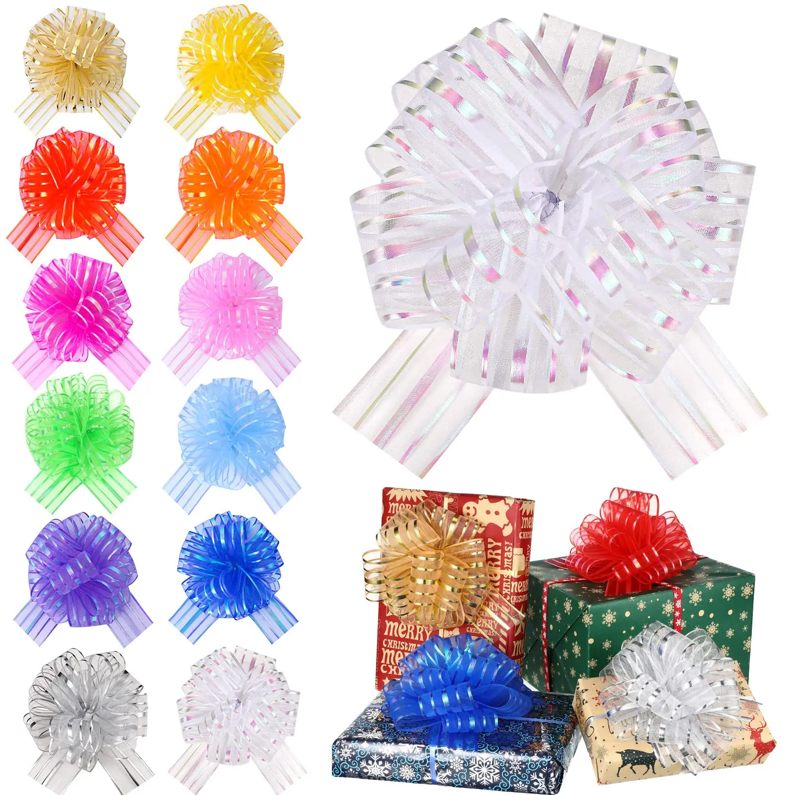 24 Pieces Christmas Pull Bows for Gift Wrapping - Large 6-Inch Organza Crafts Bows with 2-Inch Ribbon, 8 Parts Fixed by Plastic Rings, for Gift Baskets, Weddings, Baby Showers, Christmas Decorations