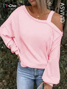 Women's Plain Asymmetrical Neck Sweatshirt, Casual Drop Shoulder Long Sleeve Pullover for Spring & Fall, Ladies Everyday Clothes for Daily Wear