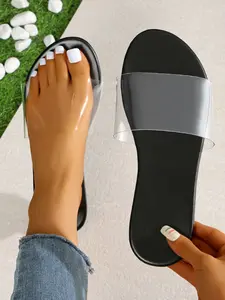 Transparent Flat Rubber Slide Sandals for Women, Perfect for Wide Feet, Comfortable Open-Toe Design for Summer, Casual Home and Beach Wear