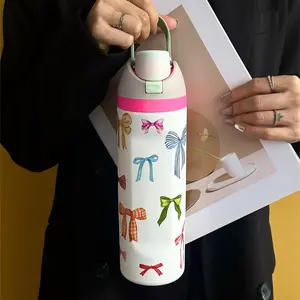 Bow Pattern Stainless Steel Vacuum Flask, Leakproof Insulated Tumbler, 1 Count Portable Insulated Water Bottle with Straw, Drinking Cup for Home Office School Outdoor Camping, Drinkware