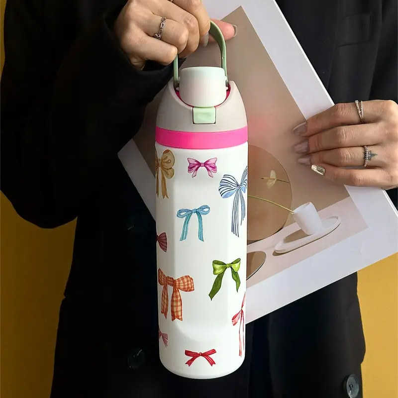 Bow Pattern Stainless Steel Vacuum Flask, Leakproof Tumbler, 1 Count Portable Insulated Water Bottle with Straw, Drinking Cup for Home Office School Outdoor Camping, Drinkware, Stainless Vacuum Flasks
