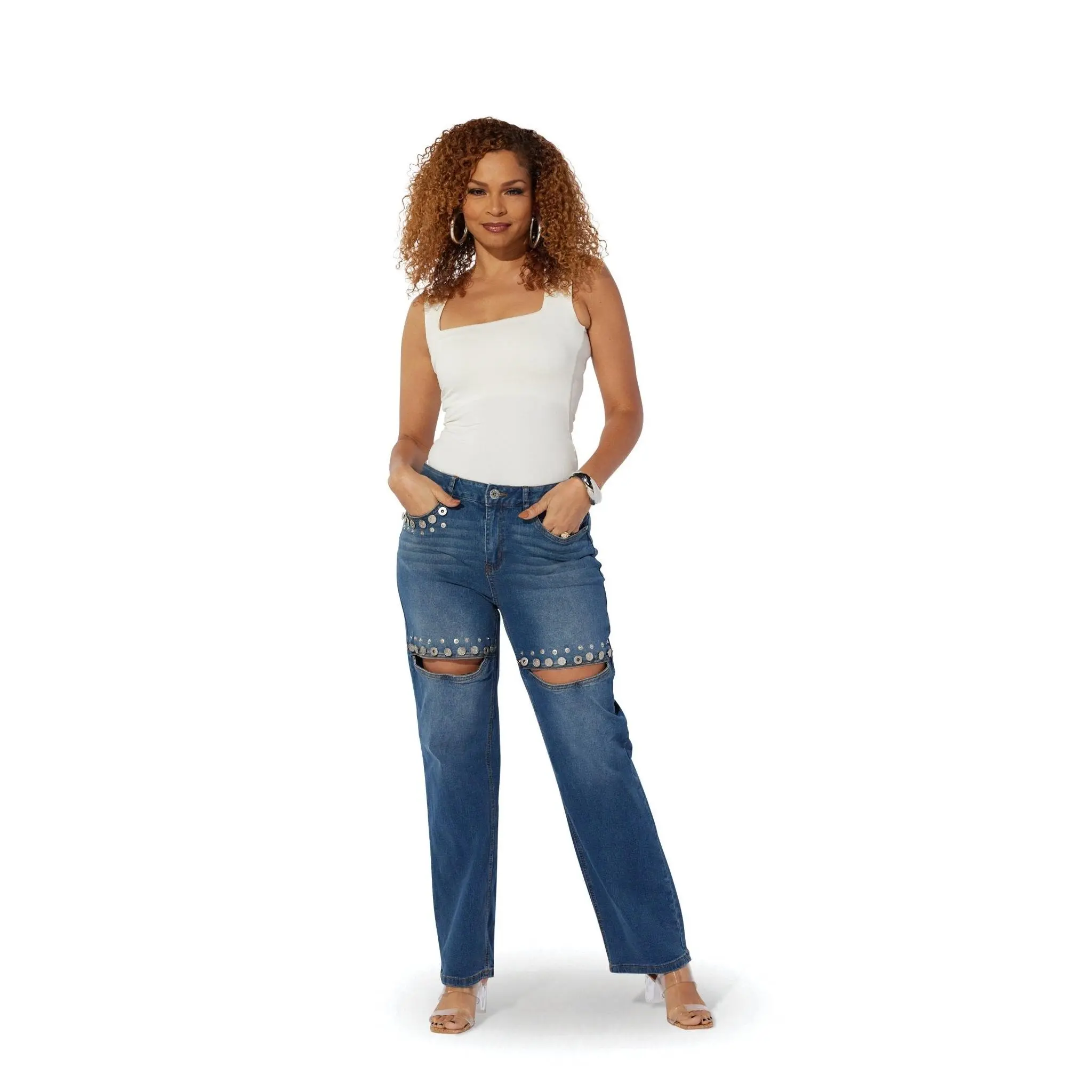 Grommet & Studded Distressed Jean by Studio EY