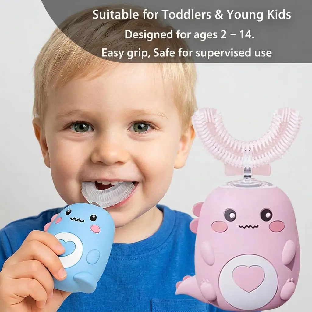 Kids U-Shaped Ultrasonic Electric Toothbrush - 3 Silicone Brush Heads, 5 Modes, Cartoon Dinosaur Design, IPX7 Waterproof, BPA-Free, Whitening Oral Care for Toddlers (Toddler Gifts)