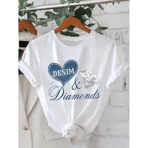 Summer t Shirts [Printed Pants - Not Denim Fabric]1pc Women'S Imitation Denim Heart And Diamond Pattern Round Neck Short Sleeve T-Shirt, Women'S Casual Fashion Top, Fashion Women'S Clothing, Holiday Gift, Birthday Gift