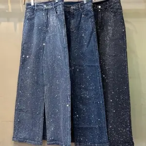 Rhinestone Jeans Denim - Stretchy High Waisted Jeans with Rhinestone Accents for Women