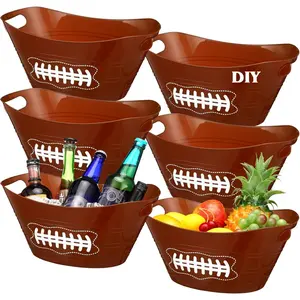 6 count Brown Football Plastic Ice Bucket Drink Cooler Bulk 4.5l Oval Storage Basket Tub with Handles for Summer  Birthday Party Decoration Supplies