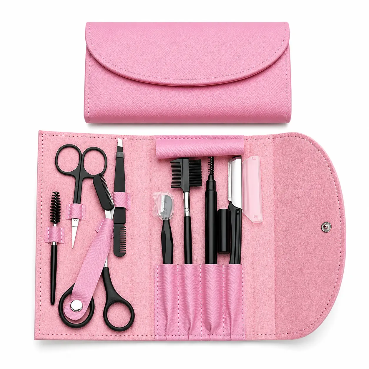 8PCS Professional Cosmetic Eyebrow Grooming Tool Organizer - Travel-Friendly Portable Compact Zipper Bag with Tweezers, Scissors, Eyebrow Razor, Brush - Safe Trimming, Styling, Flawless Shaping, Smoothing for Daily Use