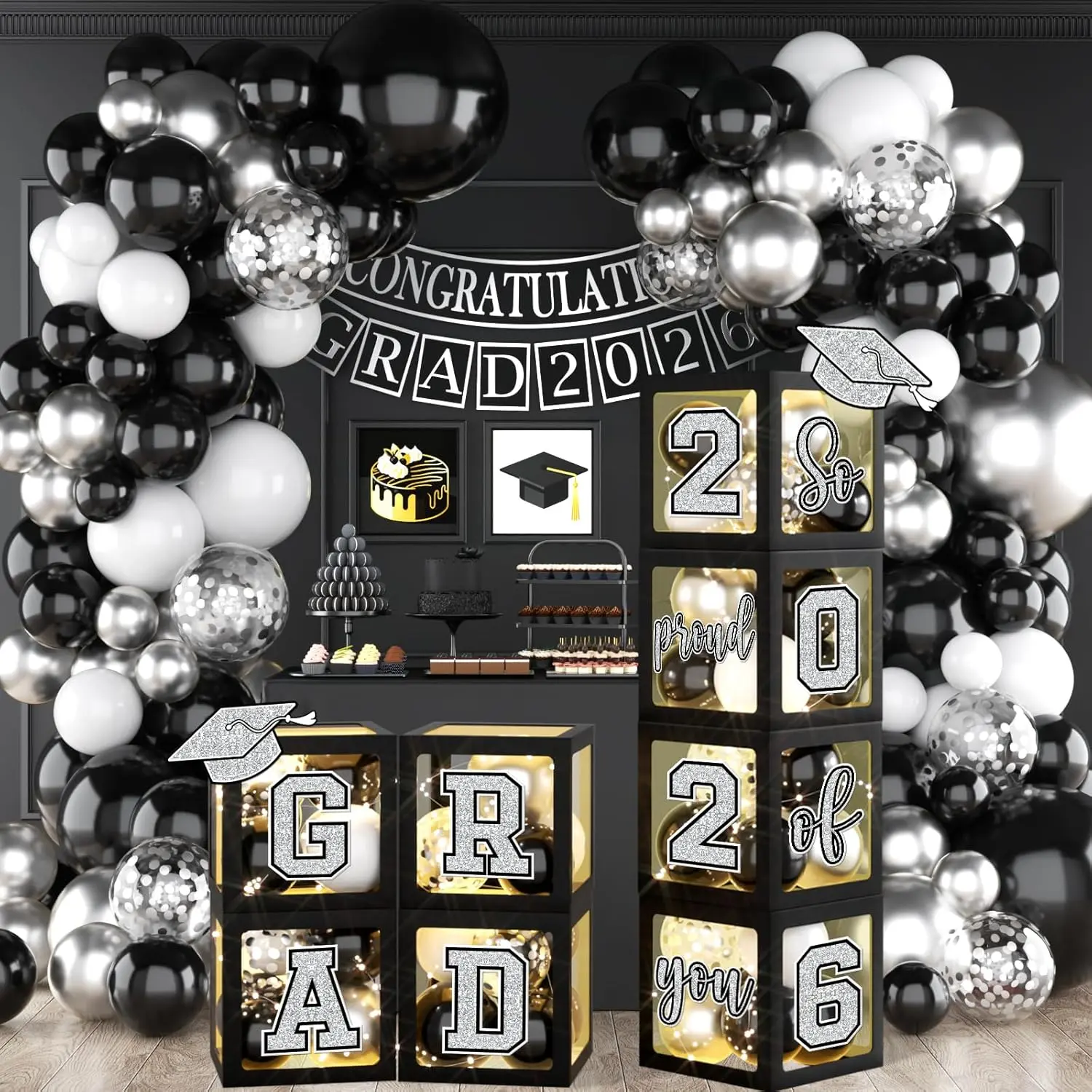 Graduation Decorations Class of 2026,Black and Silver Graduation Decorations 2026,Grad Boxes with Letters 2026 So Proud of You & Grad 2026 for College Graduation Party Supplies