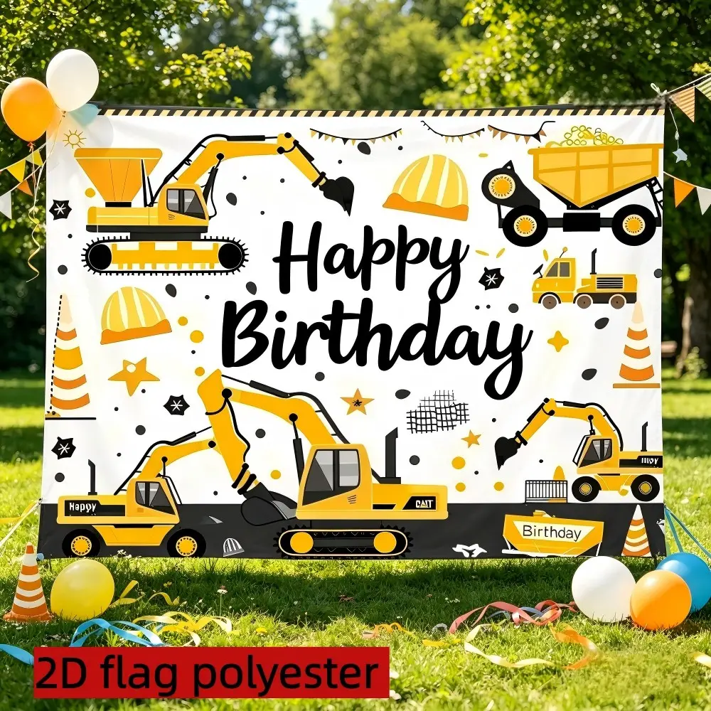 2D Flat 1PC Polyester Banner, Construction Vehicle Theme "Happy Birthday" Design, Excavator & Dump Truck with Traffic Cone Safety Helmet Elements, Cute Cartoon Style, Indoor and Outdoor Use, Ideal for Kids Birthday Party, Construction Themed Event,