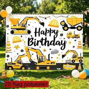 2D Flat 1PC Polyester Banner, Construction Vehicle Theme "Happy Birthday" Design, Excavator & Dump Truck with Traffic Cone Safety Helmet Elements, Cute Cartoon Style, Indoor and Outdoor Use, Ideal for Kids Birthday Party, Construction Themed Event,