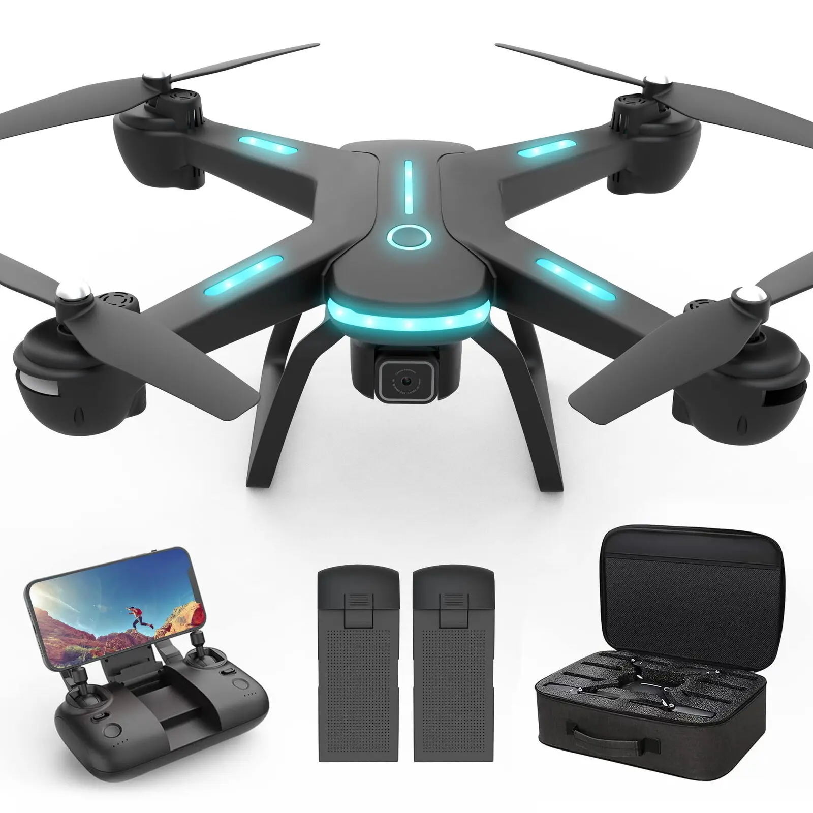 JY03 Drone with 1080P HD Camera, FPV RC Quadcopter with LED Lights and Optical flow Sensor, 2 Rechargeable Batteries, Black Accessories
