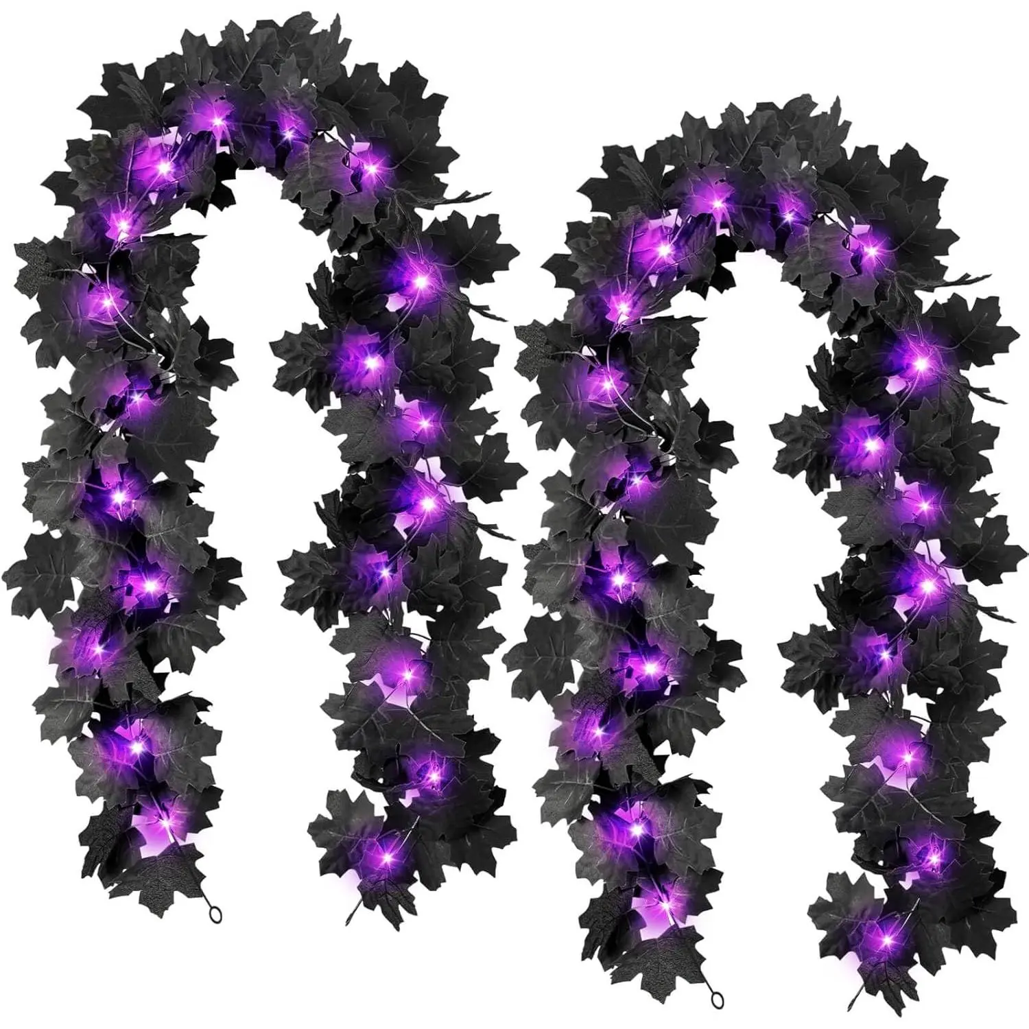2-Piece 12ft Synthetic Leaf Shape Black Garland with Purple LED Lights, Decorative Hanging Vines for Halloween, Thanksgiving Home Party Decor