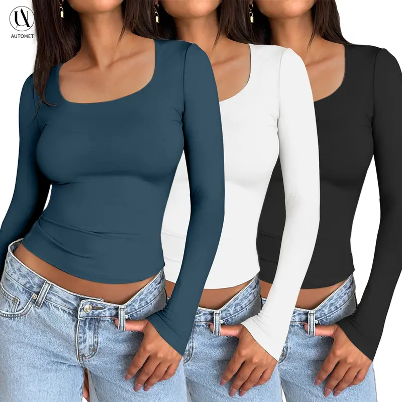 AUTOMET Women's 3 Pack Long Sleeve Crop Tops Slim Fit Y2K Fashion Basic Layering Shirts Haze Blue White Black Minimalist Casual Korean Style Everyday Womenswear Short - Summer