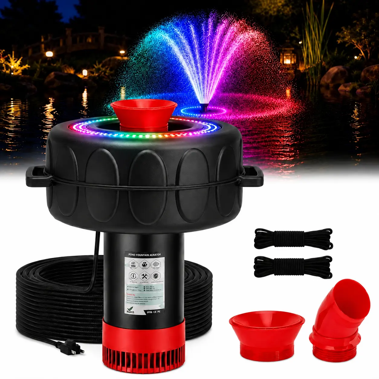 750W RGB LED Color-Changing Light Show Landscape Pond Fountain Aerator - 1 HP 15,000 GPH Floating Aeration Pump with 100ft Power Cord, 120V, Suitable for Ponds, Lakes