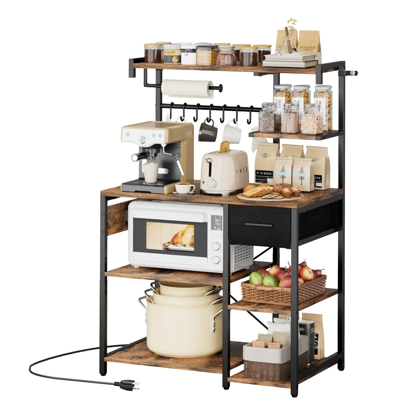 Kitchen Bakers Rack With Built-In Power Strip, 4.6ft Power Cable Organizer, Kitchen Stand With X-Shaped Support Bar, 8 S-Shaped Hooks, Coffee Bar Shelf For Dishes And Spice Bottles, Home Bar Station