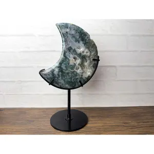 Moss Agate Crystal Carved Moon on Stand – Natural Stone #77