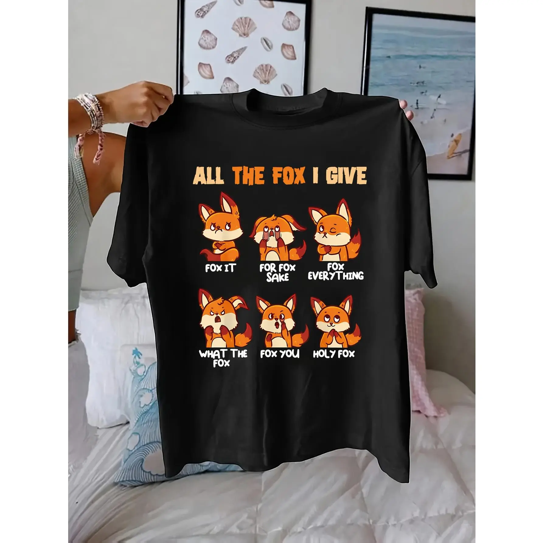 Men's Thick Funny Red Fox Print Streetwear Tee, Casual Crew Neck (Round Neck) Short Sleeve Menswear Top, 100% Knitting Cotton Fabric, Regular Length, All-Season Animal Pattern Ribbed Retro Fashion T-Shirt for Birthday & Christmas Occasions
