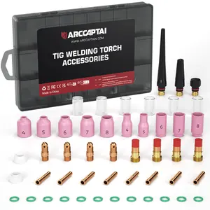 ARCCAPTAIN 49-Piece TIG Welding Torch Tool Kit - Compatible with WP-17/WP-18/WP-26, Includes Alumina Nozzles, Collets, Torch Body, Stubby Gas Lens, #10 Glass Cup Consumables, Black Industrial Welding Accessories, Father's Day Gift