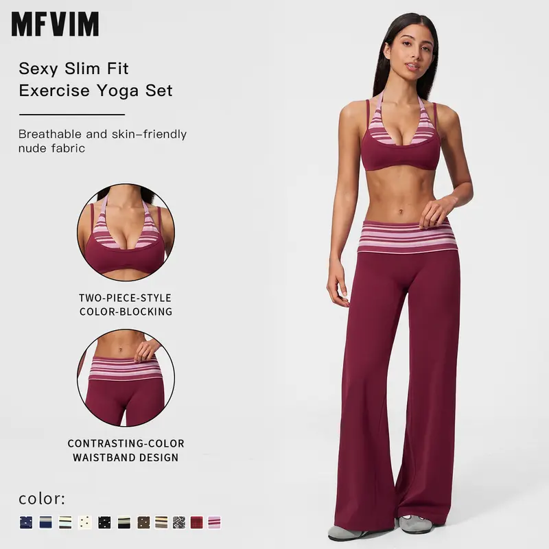 MFVIM Women's Halter 2-Piece Yoga Set - Breathable "Naked Feel" Fitness Bra, High-Waisted Wide-Leg Athletic Pants, Slim-Fit Active Wear, Gym Sets, Bras for Women, Back to School