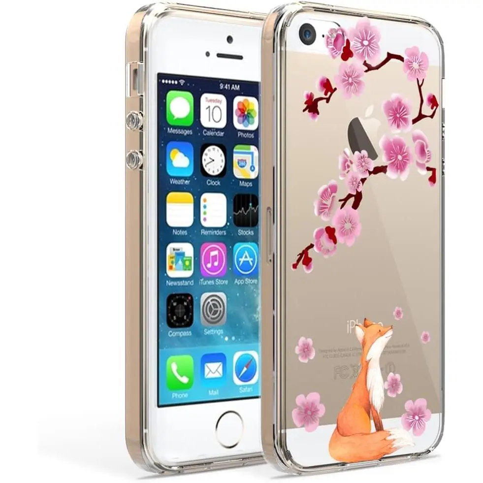 Designed for iPhone SE Case 2016 (1st Generation) / iPhone 5 Case/iPhone 5s Case: Clear Cute Flower Floral Girl Women Slim Fit Soft TPU Bumper Cell Phone Cover (Lucky Fox)