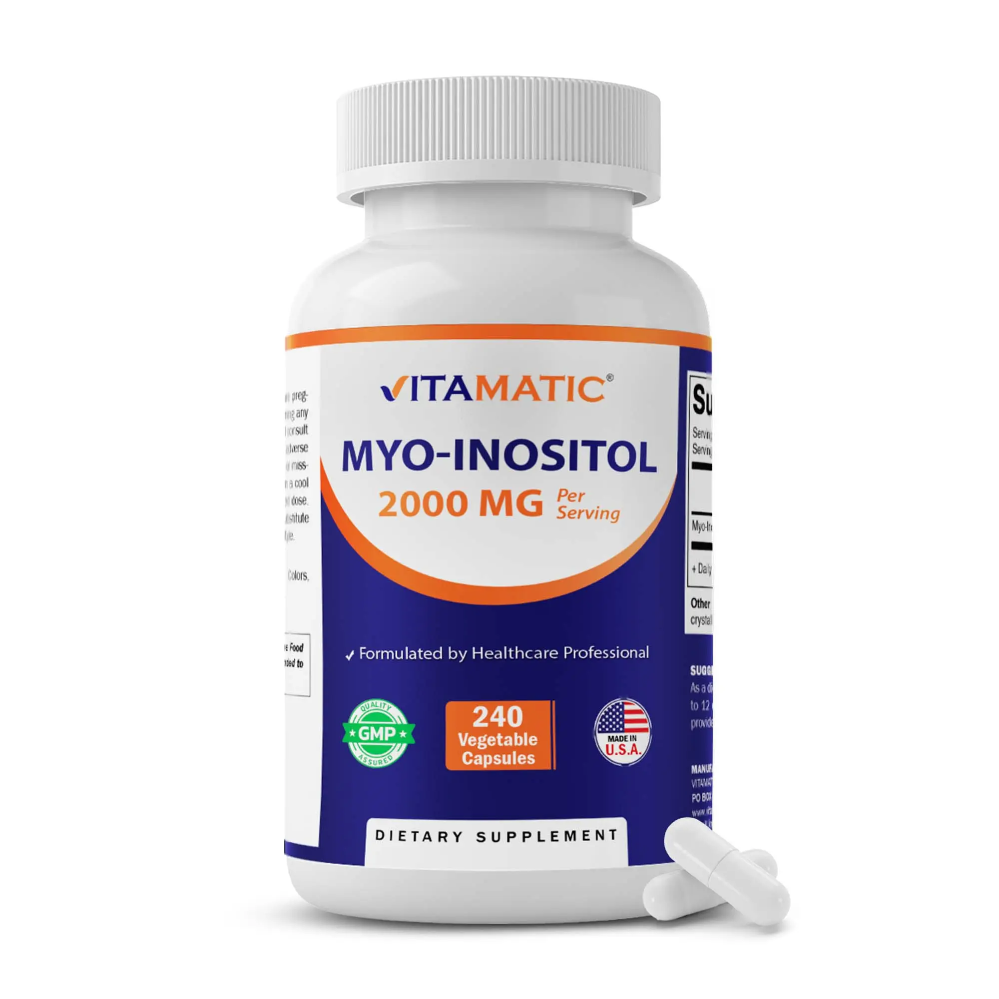 Vitamatic Myo-Inositol Vitamin Daily Dietary Supplement - 2000 mg Per Serving, 240 Vegetable Capsules, 60 Servings, Non-GMO, Free of Gluten, Sugar & Dairy, Made in USA