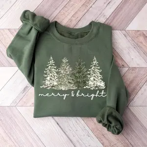 Merry & Bright Christmas Tree Sweatshirt, Womens Festive Holiday Sweater, Cute Family Xmas Gift Pullover Top