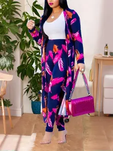 Women's Plus Size Oversized Fit Casual Stretchy Long Sleeve Floral Print Sweater Top & Pants Set, Outfit, Matching, Comfortable One-Piece for Daily Wear