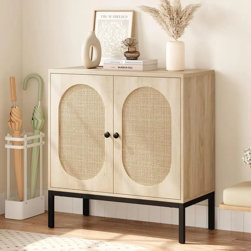 Beige/Khaki Buffet Cabinet, Rattan Storage Cabinet with Doors and Shelves, Accent Cabinet Sideboard, Console Cabinet with Storage Entryway Cabinet for Living Room, Dining Room, Hallway
