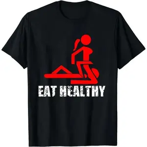 Eat Healthy Funny Gym Meme Graphic T-Shirt, Sarcastic Fitness Stick Figure Print Short Sleeve Tee, Unisex Casual Crew Neck Tops, Humorous Design for Daily Wear & Gifting Mother's Day and Father's Day Gifts