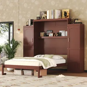 Queen Size Murphy Bed, Wooden Queen Wall Bed with 2 Wardrobe and Storage Shelf, Multifunctional Foldable Platform Bedframe for Guest-Room, Bedroom,The package will be shipped in 4 separate parcels