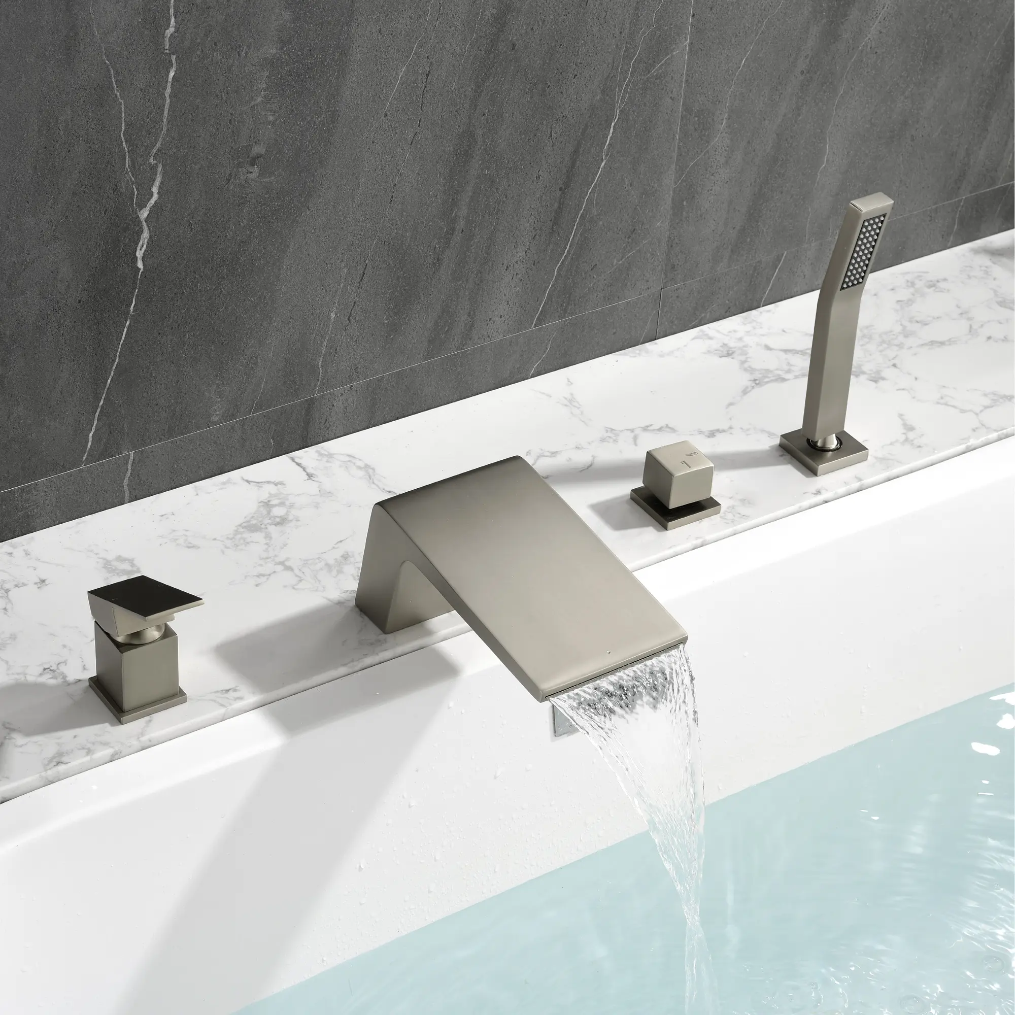 Deck Mount 4 Hole Bathtub Faucet, Waterfall Roman Tub Filler with Hand Shower, Single Handle Brass Bathroom Faucet with cUPC Certified Valve - Matte Black, Brushed Nickel, Brushed Gold