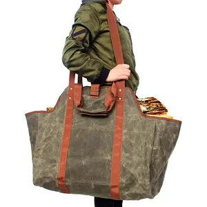 Green Leather Indoor Fireplace Log Holder - Wood Carrier for Firewood Rack & Tote