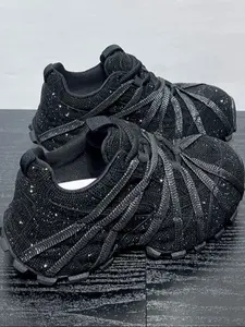 New Fashion Casual Versatile Rhinestone Dad Shoes for Women, Thick Sole Non-Slip Comfortable Sporty Glitter Design Sneakers, Trendy All-Season Footwear