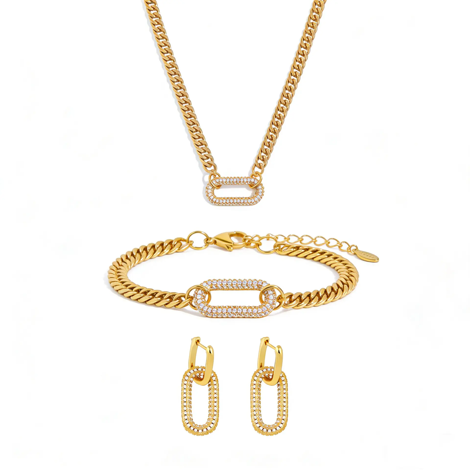 Trendy Micro Paved Full Diamond Oval Geometric Choker Jewelry Set Necklace Bracelet Earrings Luxury Party Accessories