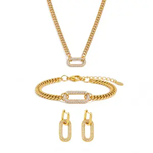 Trendy Micro Paved Full Diamond Oval Geometric Choker Jewelry Set Necklace Bracelet Earrings Luxury Party Accessories