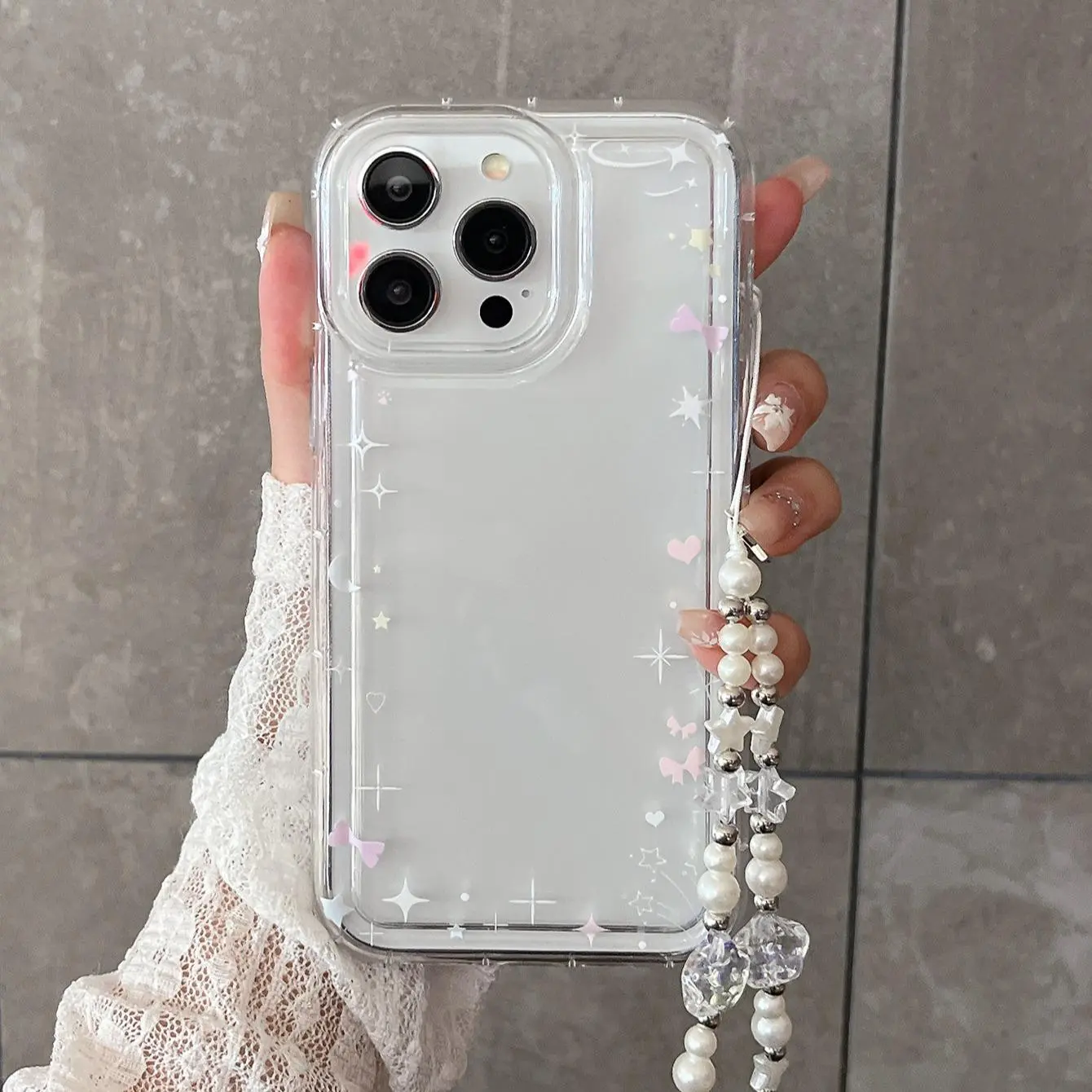 Bow Pattern Phone Case with Beaded Lanyard, Shockproof Smartphone Casing, Protective Cellphone Casing, Shock Resistant Cover, Durable Phone Protective Cover, Phone Accessories Compatible with iPhone & Galaxy, Clear, TPU