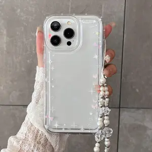 Cute Bow Pattern Phone Case with Beaded Lanyard, Shockproof Phone Protective Cover, Phone Accessories Compatible with iPhone & Galaxy, Casing, Protector