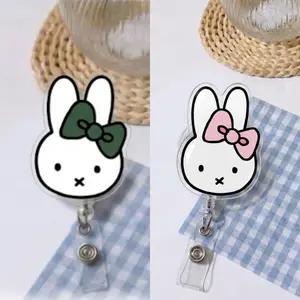 Aesthetic Cartoon Bunny Bow Badge Reel Retractable | Cute Pink Green Rabbit ID Holder for Nurses Teachers | Sassy Clear Acrylic Scrub Lanyard Clip | Durable Uniform Name Tag Accessory Gift